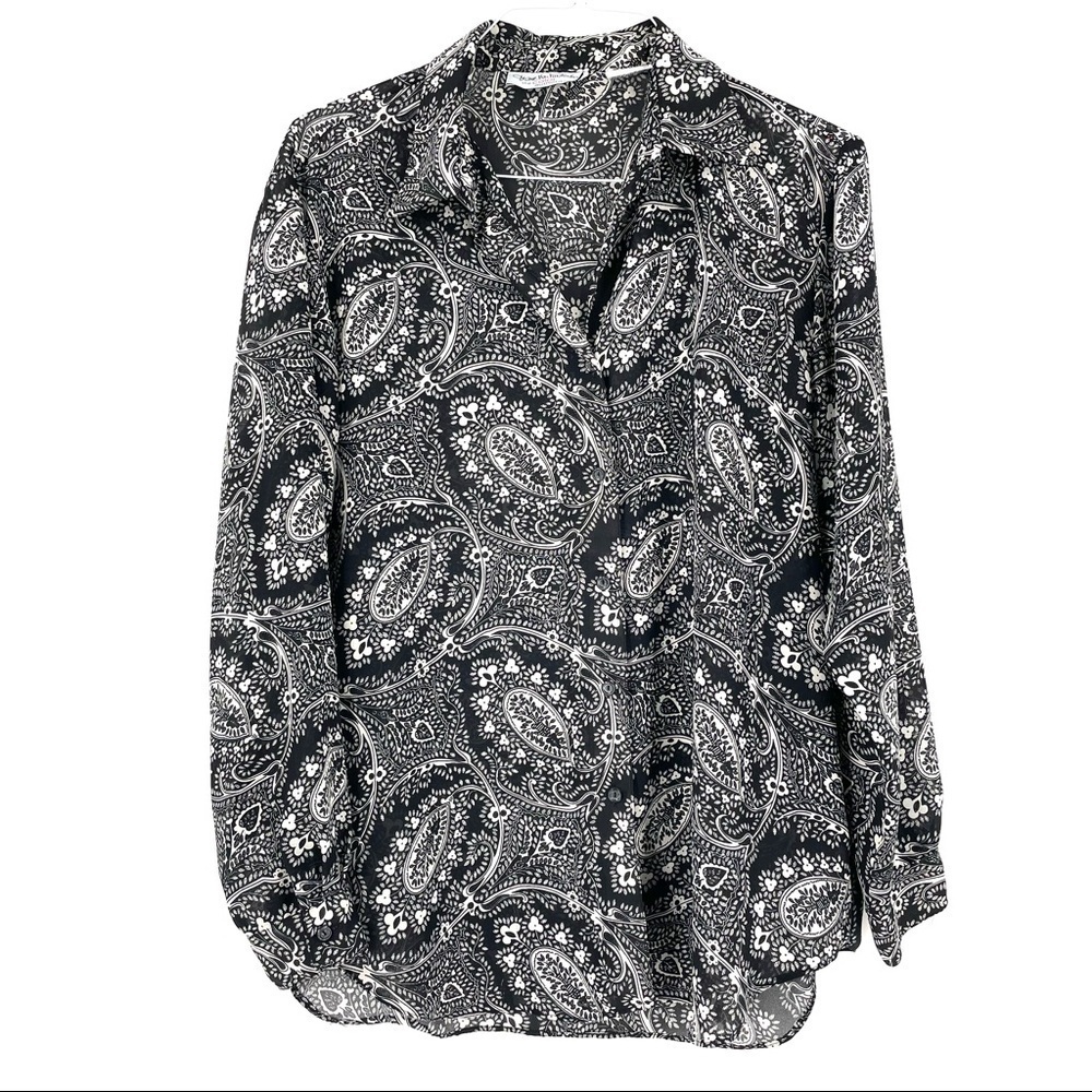 DVF Diane Von Furstenberg Paisley Print Silky Button Down Blouse Top